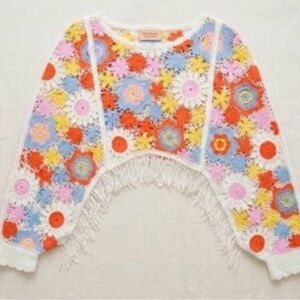 House of Harlow 1960 Colorful floral mod Crochet Fringe Sweater shrug